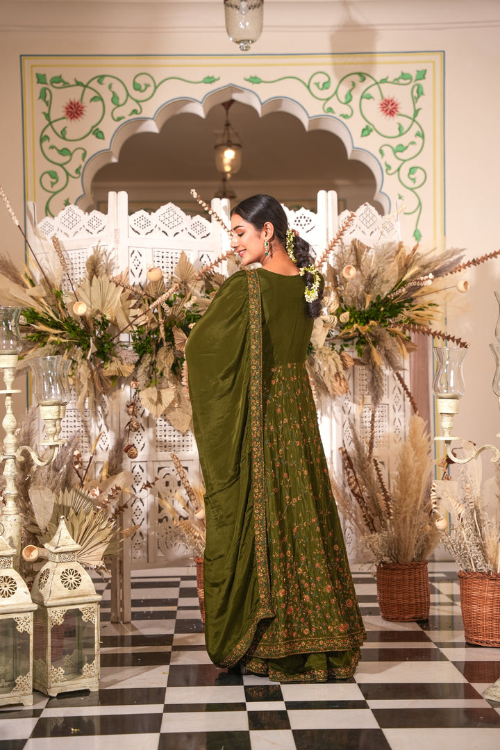 MEHENDI GREEN INDO-WESTERN FRONT SLIT GOWN FOR WOMEN- PAIRED WITH LEHENGA & DUPATTA - EMBROIDERED WITH RESHAM & HANDWORK - SET OF 3