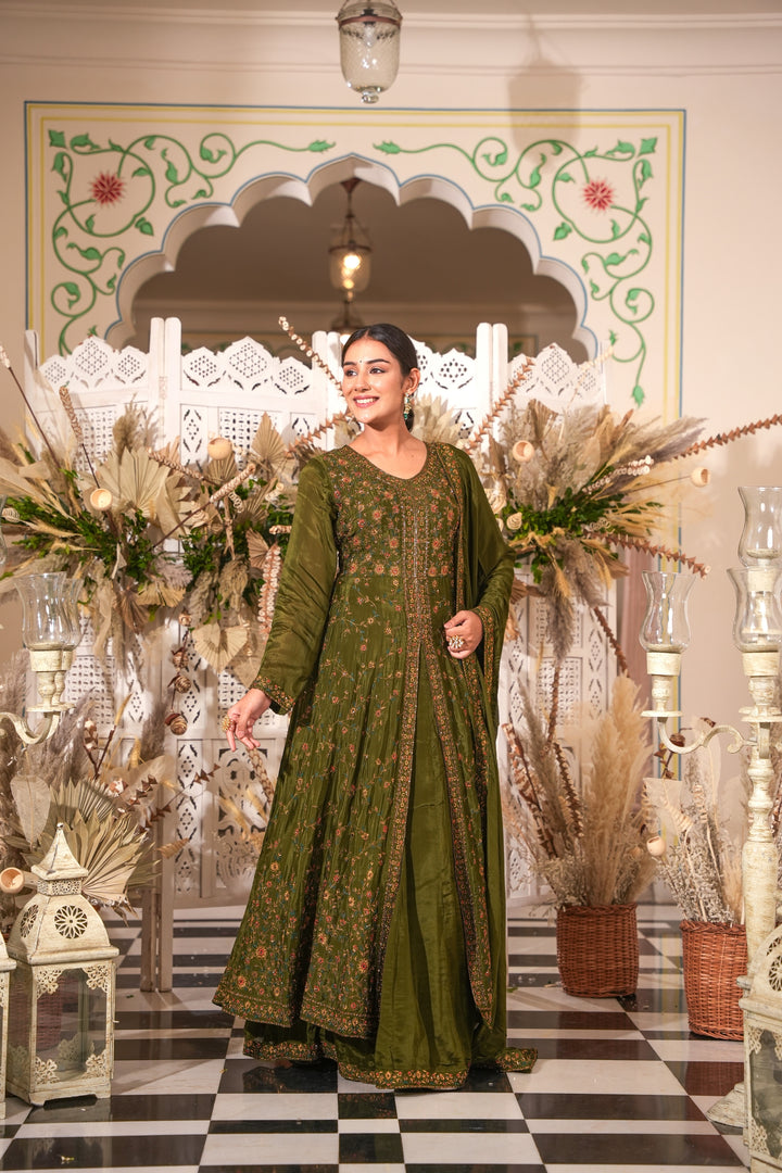 MEHENDI GREEN INDO-WESTERN FRONT SLIT GOWN FOR WOMEN- PAIRED WITH LEHENGA & DUPATTA - EMBROIDERED WITH RESHAM & HANDWORK - SET OF 3