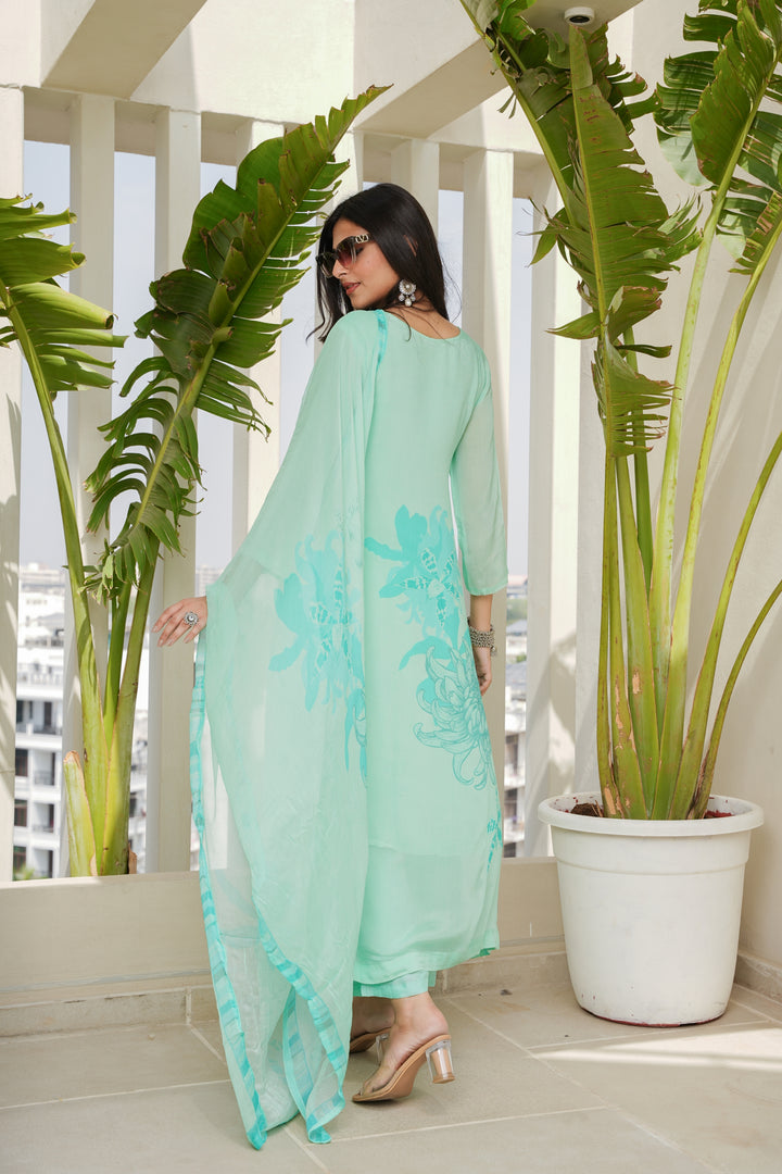 FLORAL PRINTED KURTA & PANT PAIRED WITH A DUPATTA - HAND EMBROIDERED - SET OF 3 - AQUA GREEN