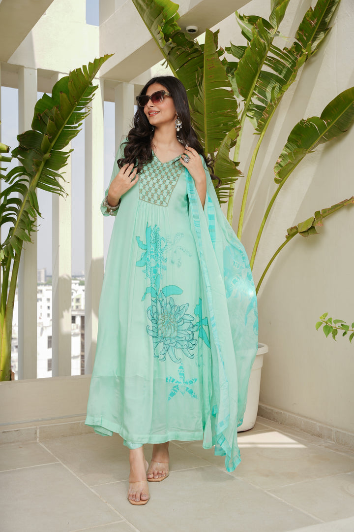 FLORAL PRINTED KURTA & PANT PAIRED WITH A DUPATTA - HAND EMBROIDERED - SET OF 3 - AQUA GREEN