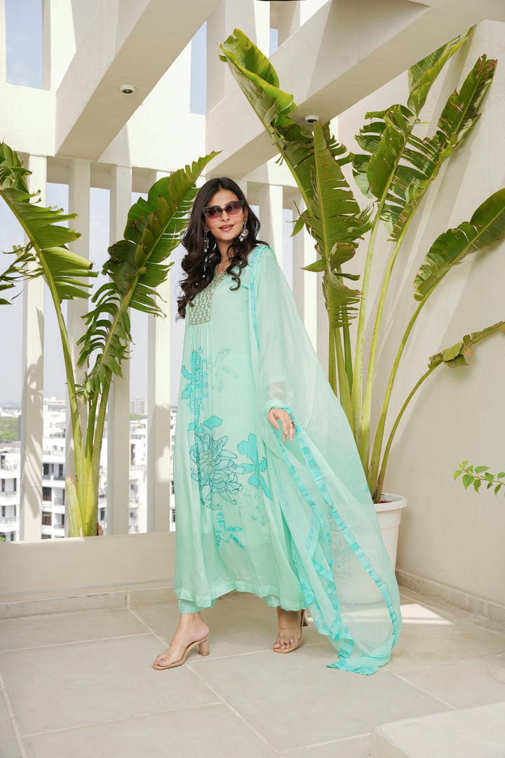 FLORAL PRINTED KURTA & PANT PAIRED WITH A DUPATTA - HAND EMBROIDERED - SET OF 3 - AQUA GREEN