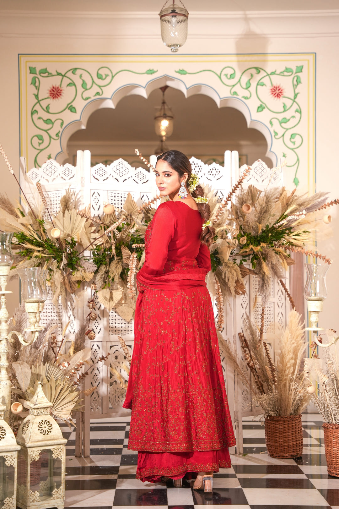 COPPER RED INDO-WESTERN FRONT SLIT GOWN FOR WOMEN - PAIRED WITH LEHENGA & DUPATTA - EMBROIDERED WITH RESHAM & HANDWORK - SET OF 3