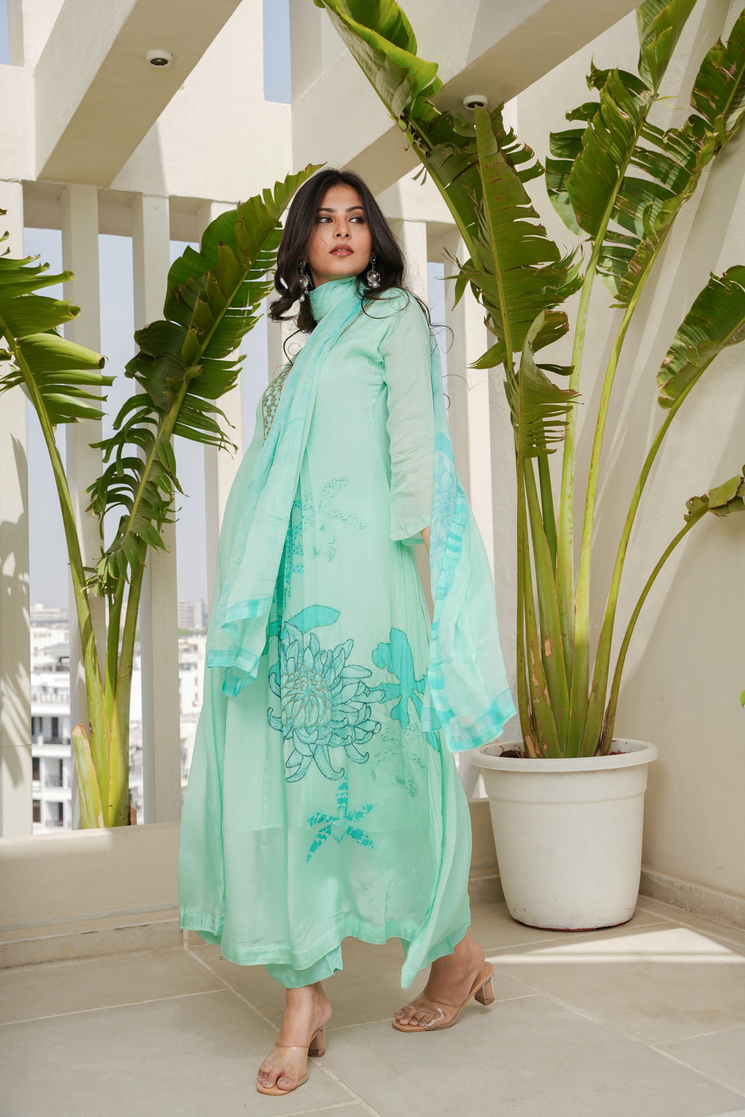 FLORAL PRINTED KURTA & PANT PAIRED WITH A DUPATTA - HAND EMBROIDERED - SET OF 3 - AQUA GREEN