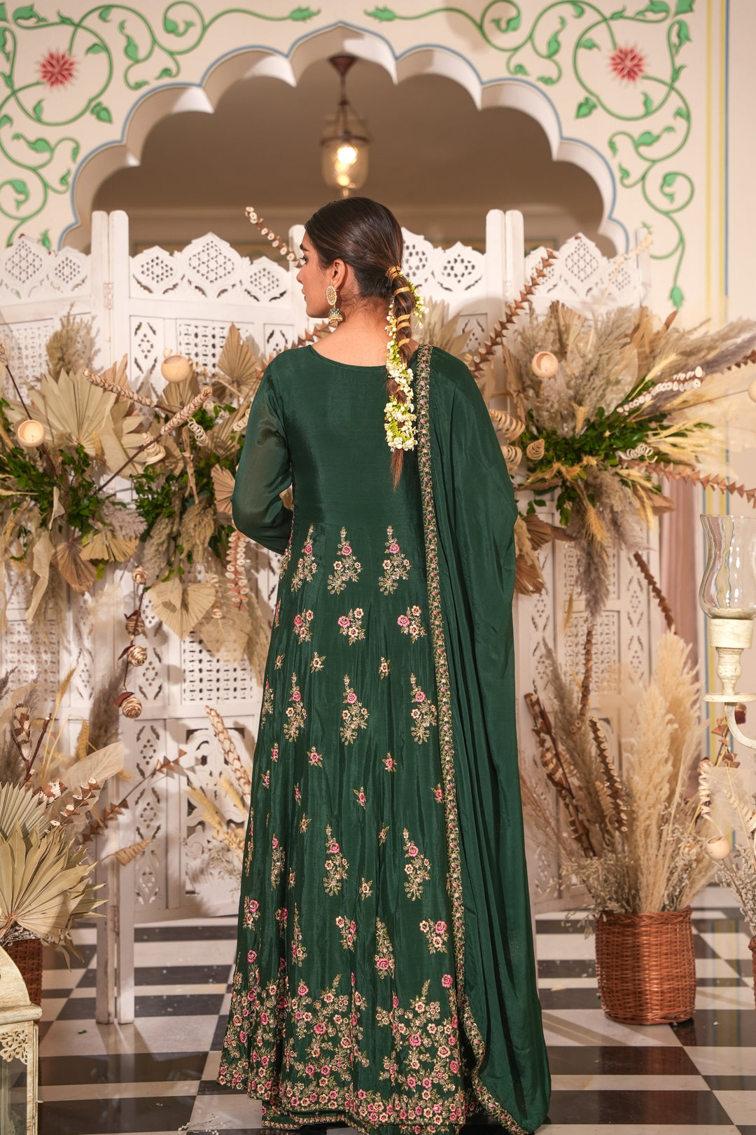 GREEN INDO-WESTERN FRONT SLIT GOWN FOR WOMEN - PAIRED WITH LEHENGA & DUPATTA - EMBROIDERED WITH RESHAM & HANDWORK - SET OF 3