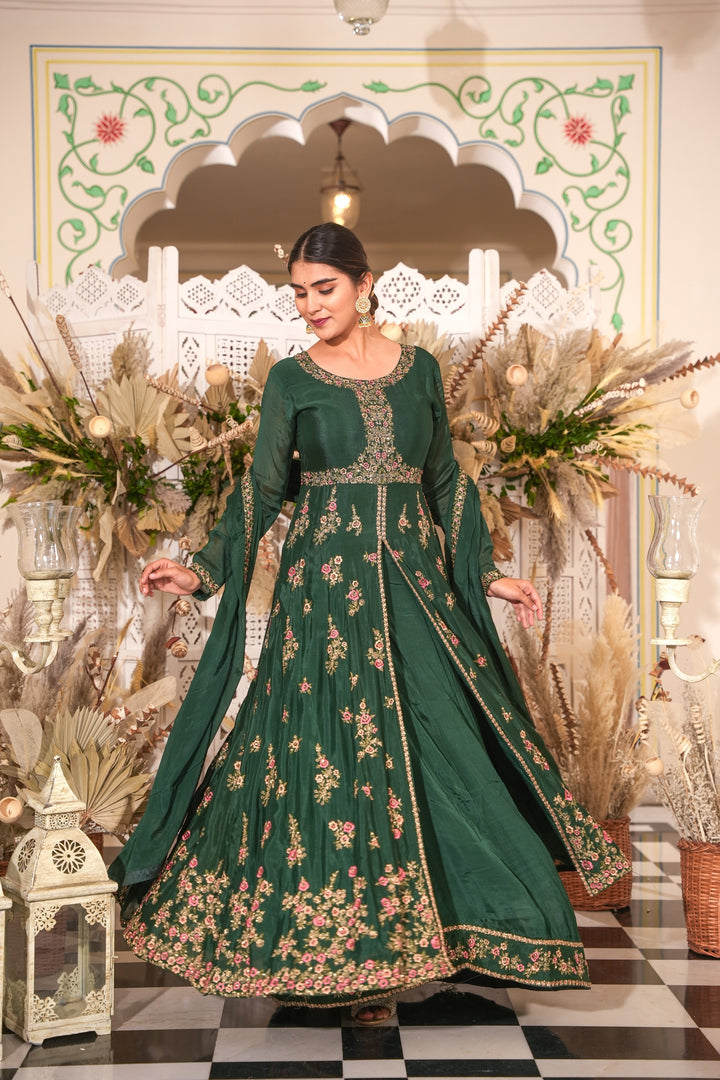 GREEN INDO-WESTERN FRONT SLIT GOWN FOR WOMEN - PAIRED WITH LEHENGA & DUPATTA - EMBROIDERED WITH RESHAM & HANDWORK - SET OF 3