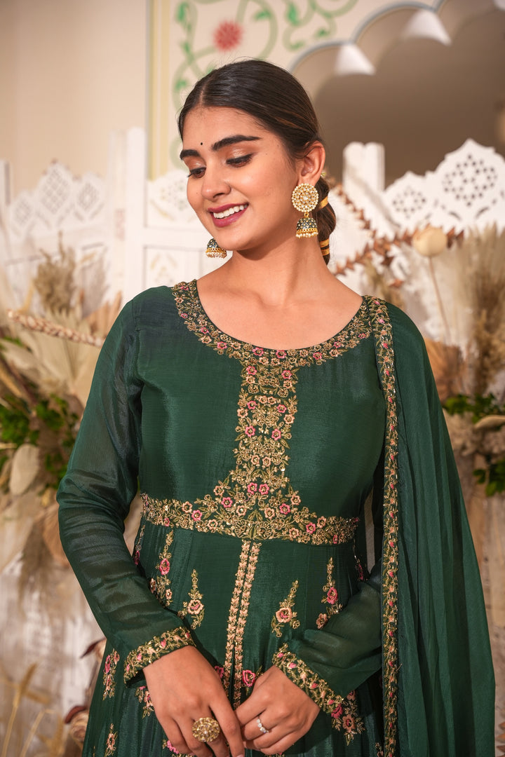 GREEN INDO-WESTERN FRONT SLIT GOWN FOR WOMEN - PAIRED WITH LEHENGA & DUPATTA - EMBROIDERED WITH RESHAM & HANDWORK - SET OF 3