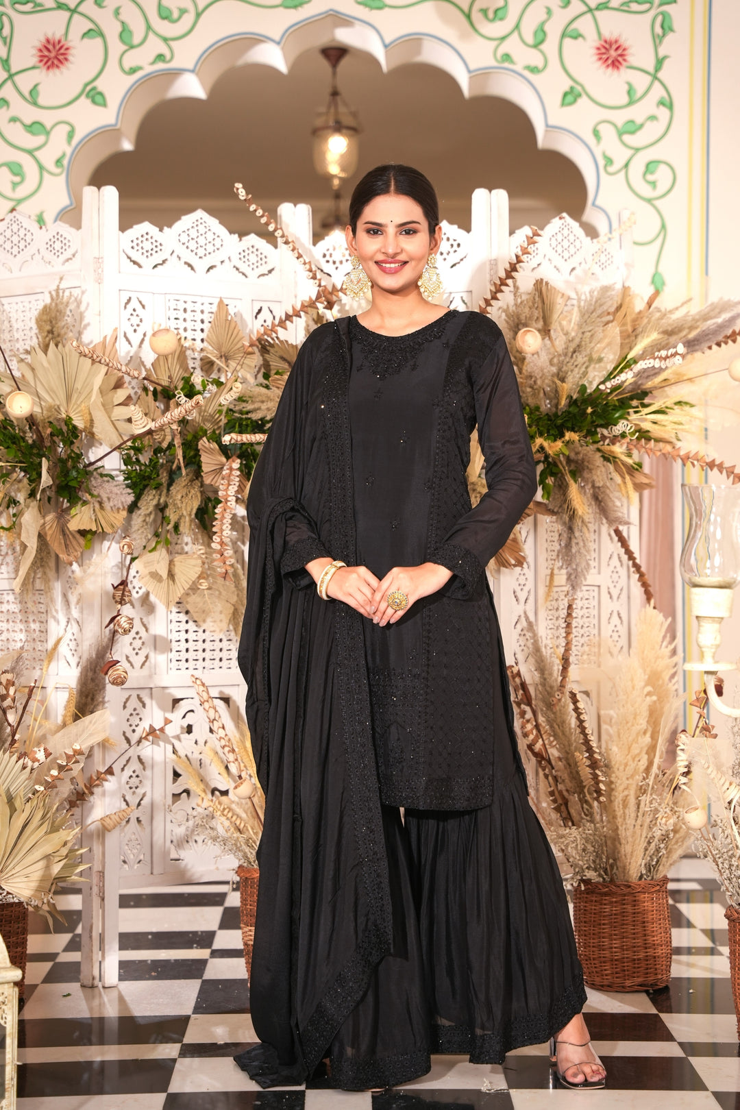 BLACK SHARARA SET - PAIRED WITH DUPATTA FOR WOMEN - EMBROIDERED WITH RESHAM & HANDWORK - SET OF 3