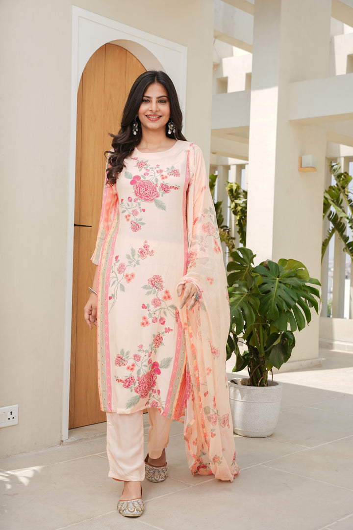 FLORAL PRINTED KURTA & PANT PAIRED WITH A DUPATTA - HAND EMBROIDERED - SET OF 3 - PEACH