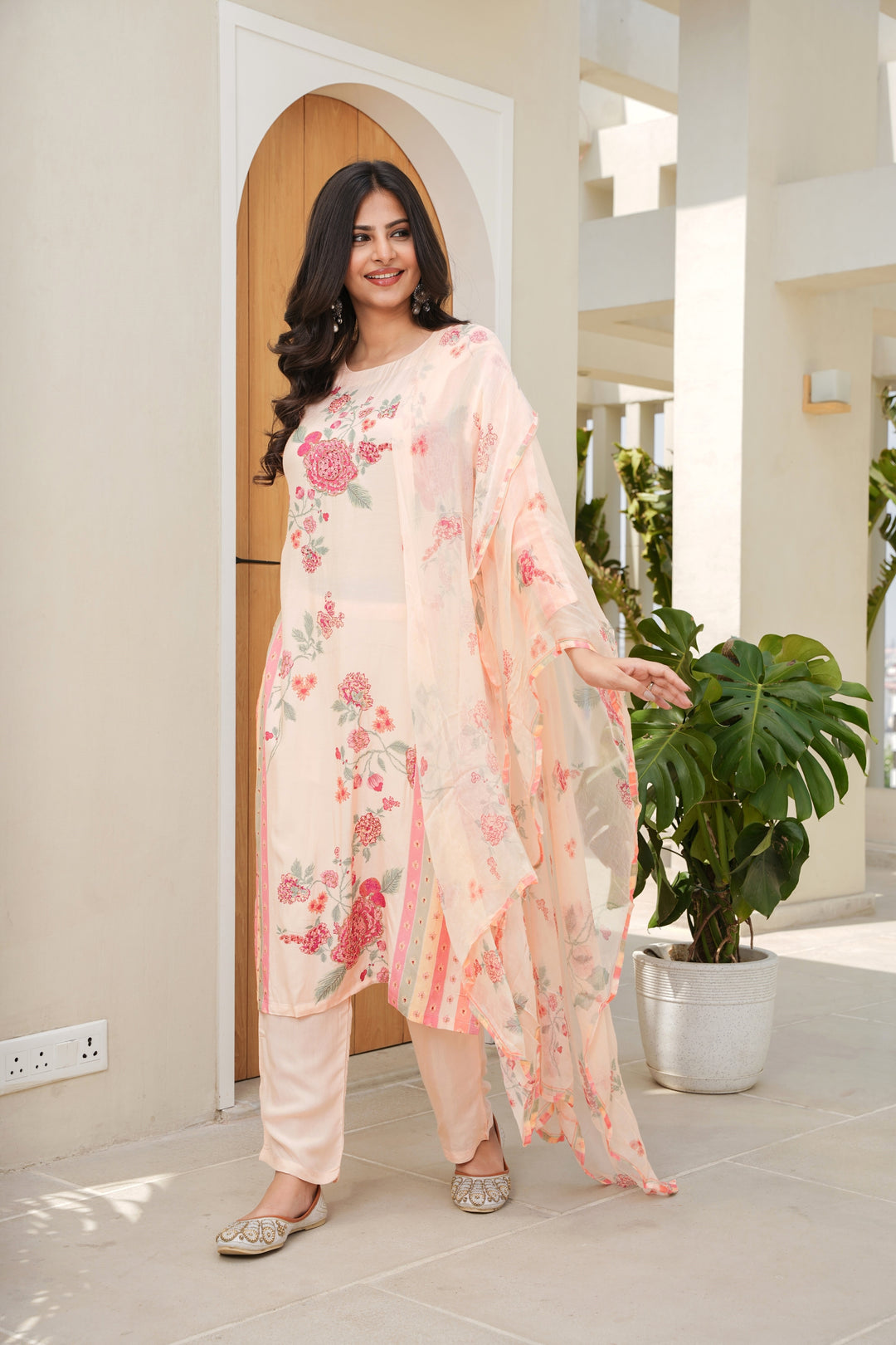 FLORAL PRINTED KURTA & PANT PAIRED WITH A DUPATTA - HAND EMBROIDERED - SET OF 3 - PEACH