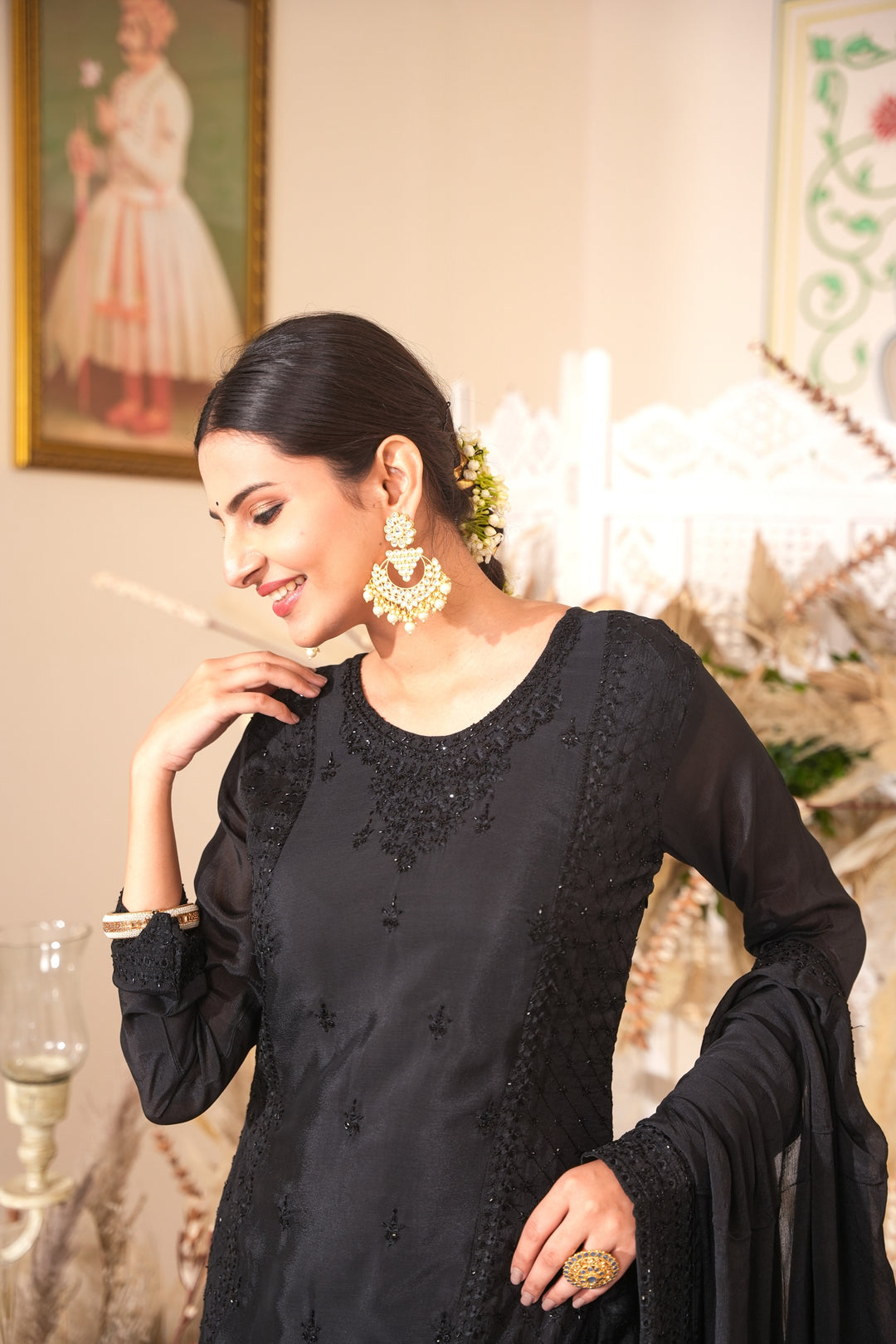 BLACK SHARARA SET - PAIRED WITH DUPATTA FOR WOMEN - EMBROIDERED WITH RESHAM & HANDWORK - SET OF 3