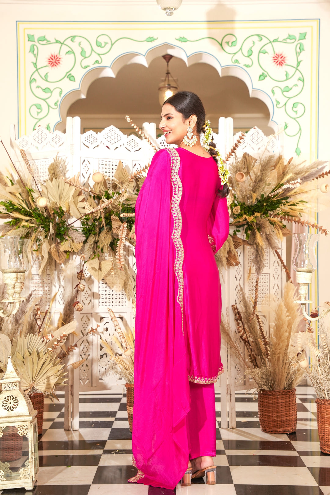 RANI PINK KURTA & PLAZZO SET FOR WOMEN - EMROIDERED WITH DORI & HANDWORK - PAIRED WITH SCALOPPED DUPATTA - SET OF 3