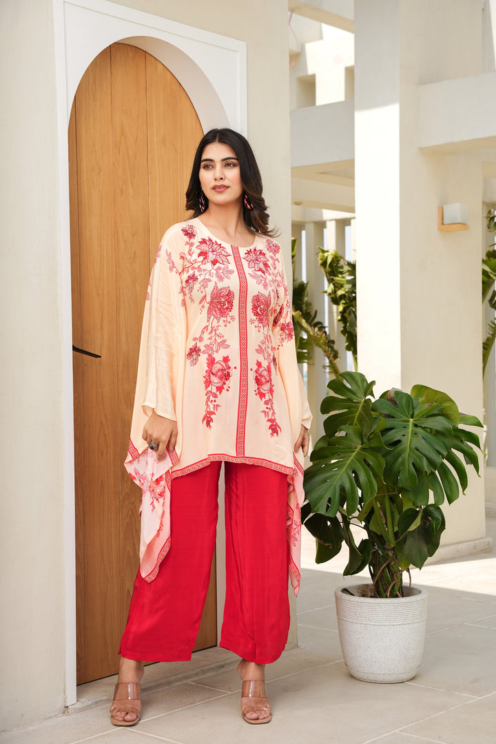 FLORAL PRINTED KAFTAN SET - HAND EMBROIDERED - PEACH