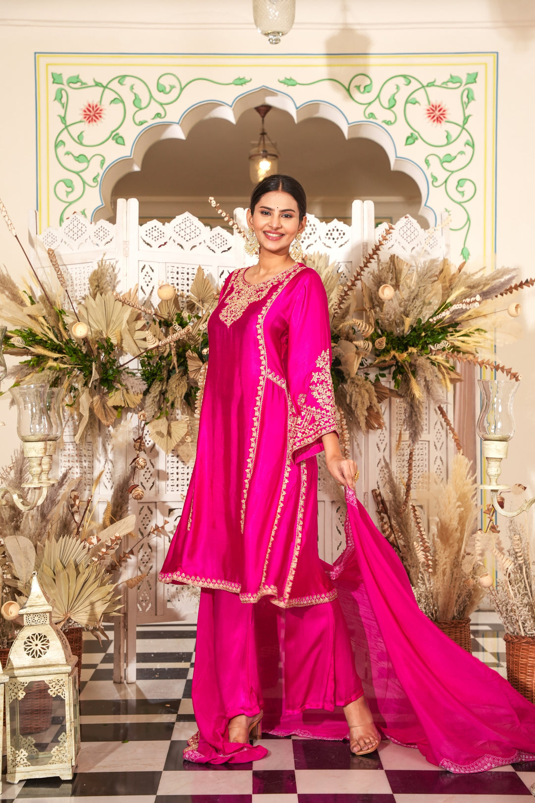 RANI PINK KURTA & PLAZZO SET FOR WOMEN - EMROIDERED WITH DORI & HANDWORK - PAIRED WITH SCALOPPED DUPATTA - SET OF 3