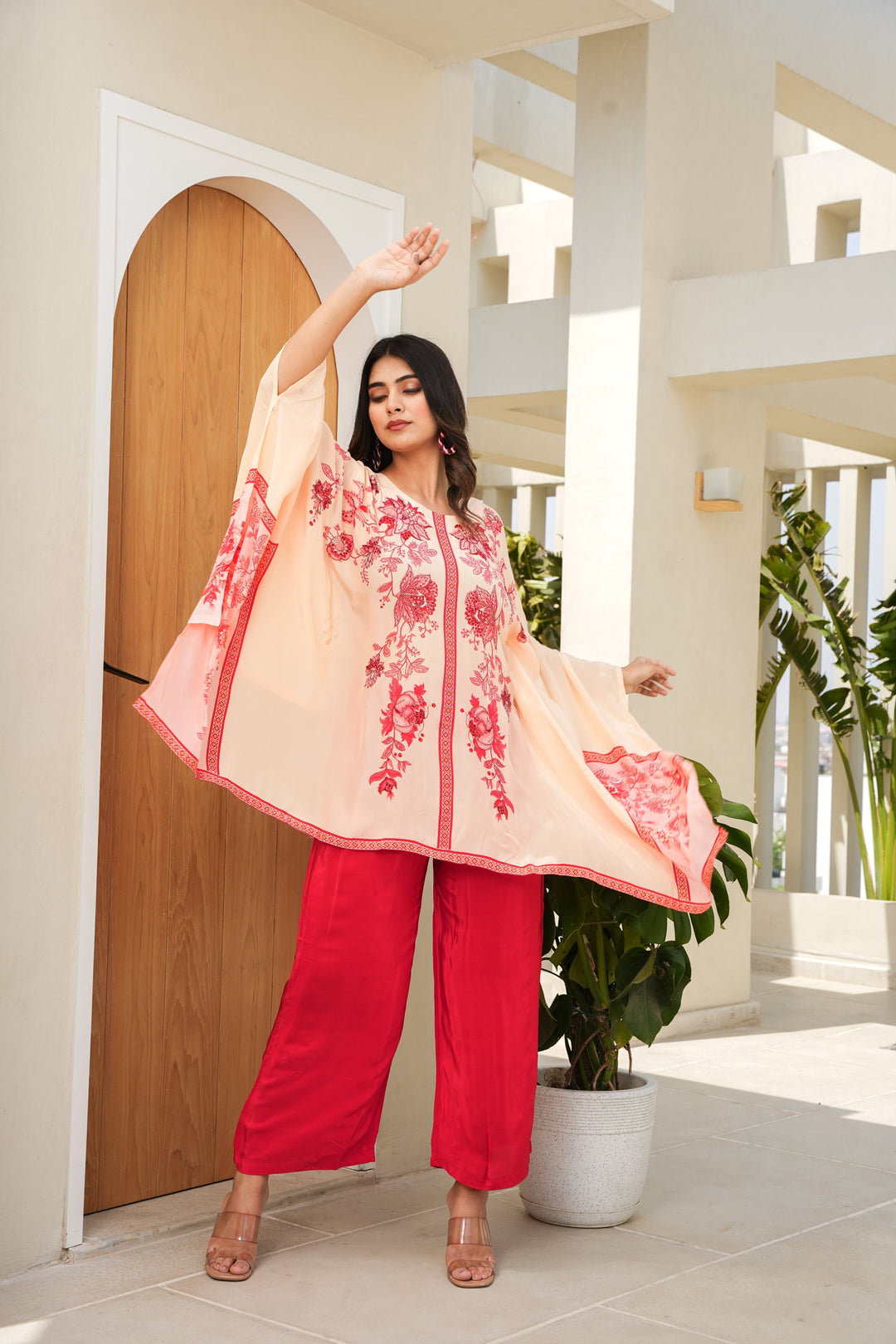 FLORAL PRINTED KAFTAN SET - HAND EMBROIDERED - PEACH