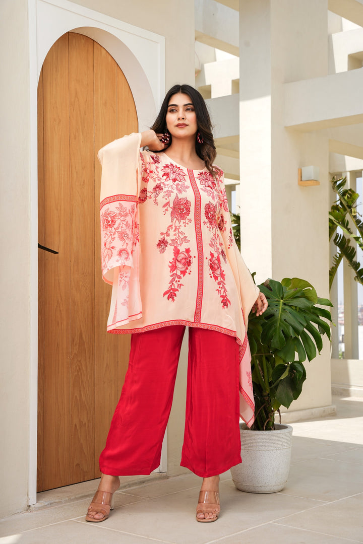 FLORAL PRINTED KAFTAN SET - HAND EMBROIDERED - PEACH