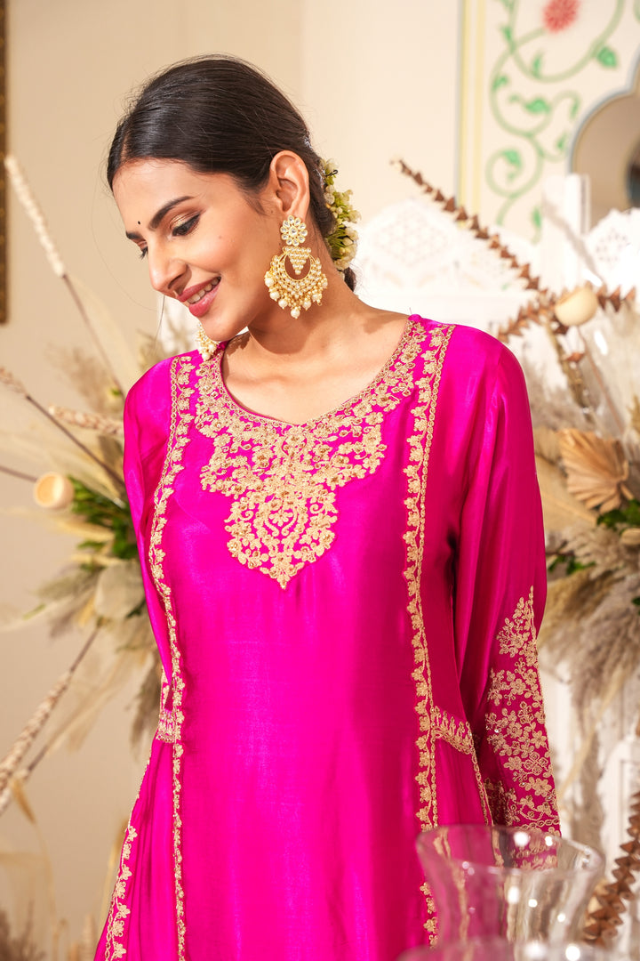 RANI PINK KURTA & PLAZZO SET FOR WOMEN - EMROIDERED WITH DORI & HANDWORK - PAIRED WITH SCALOPPED DUPATTA - SET OF 3