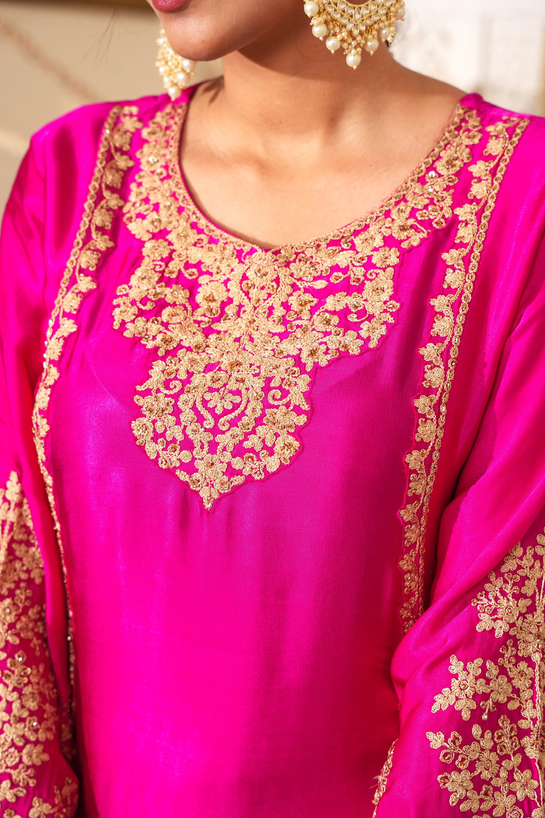 RANI PINK KURTA & PLAZZO SET FOR WOMEN - EMROIDERED WITH DORI & HANDWORK - PAIRED WITH SCALOPPED DUPATTA - SET OF 3