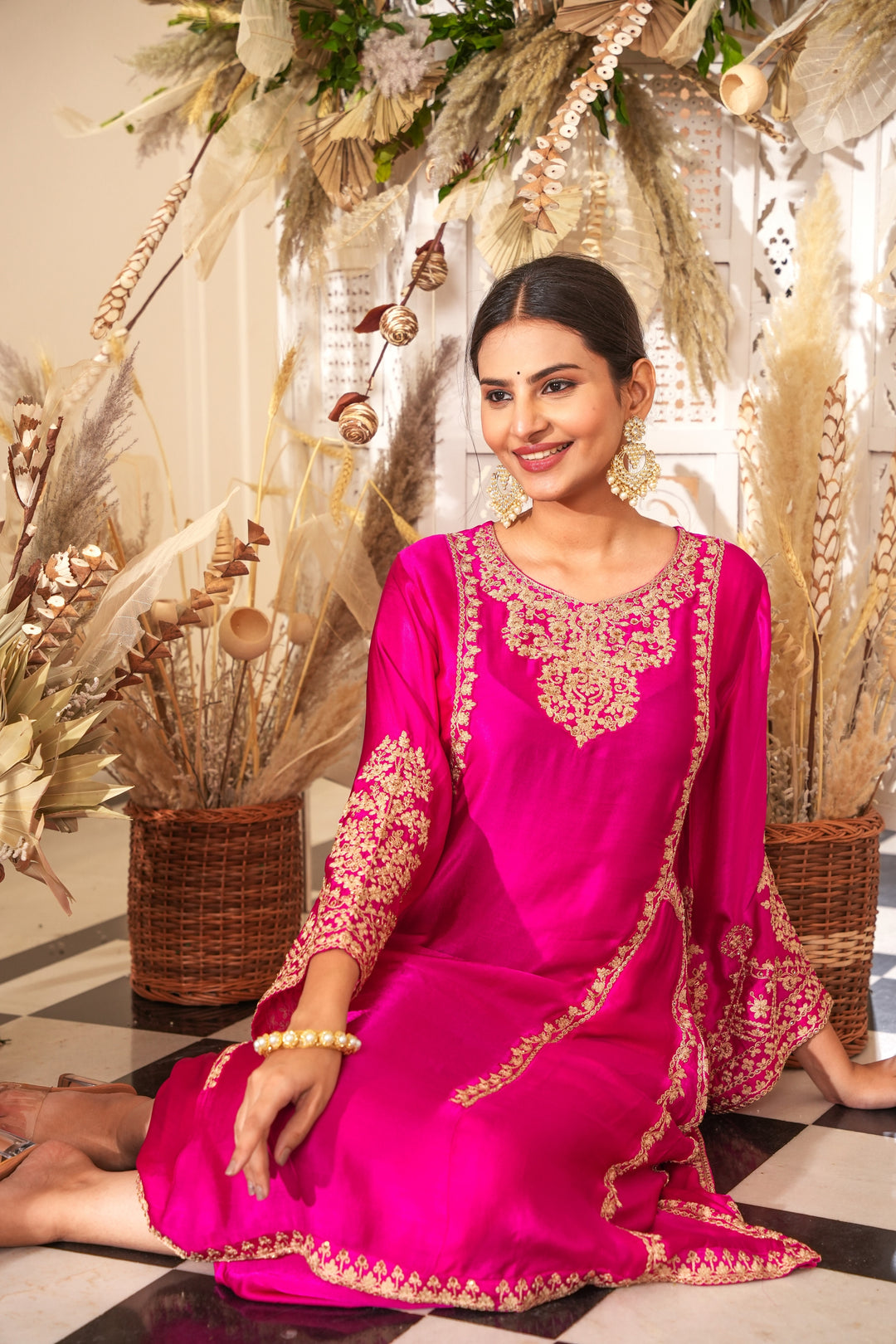 RANI PINK KURTA PLAZZO SET FOR WOMEN EMROIDERED WITH DORI HANDWORK PAIRED WITH SCALOPPED DUPATTA SET OF