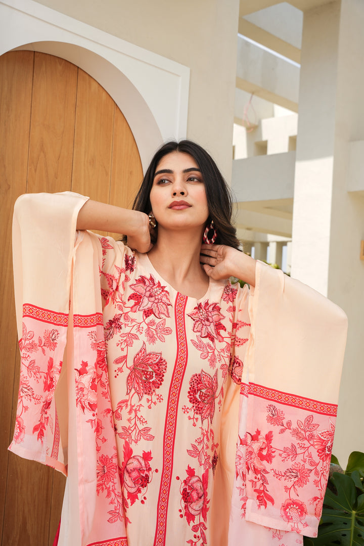 FLORAL PRINTED KAFTAN SET - HAND EMBROIDERED - PEACH