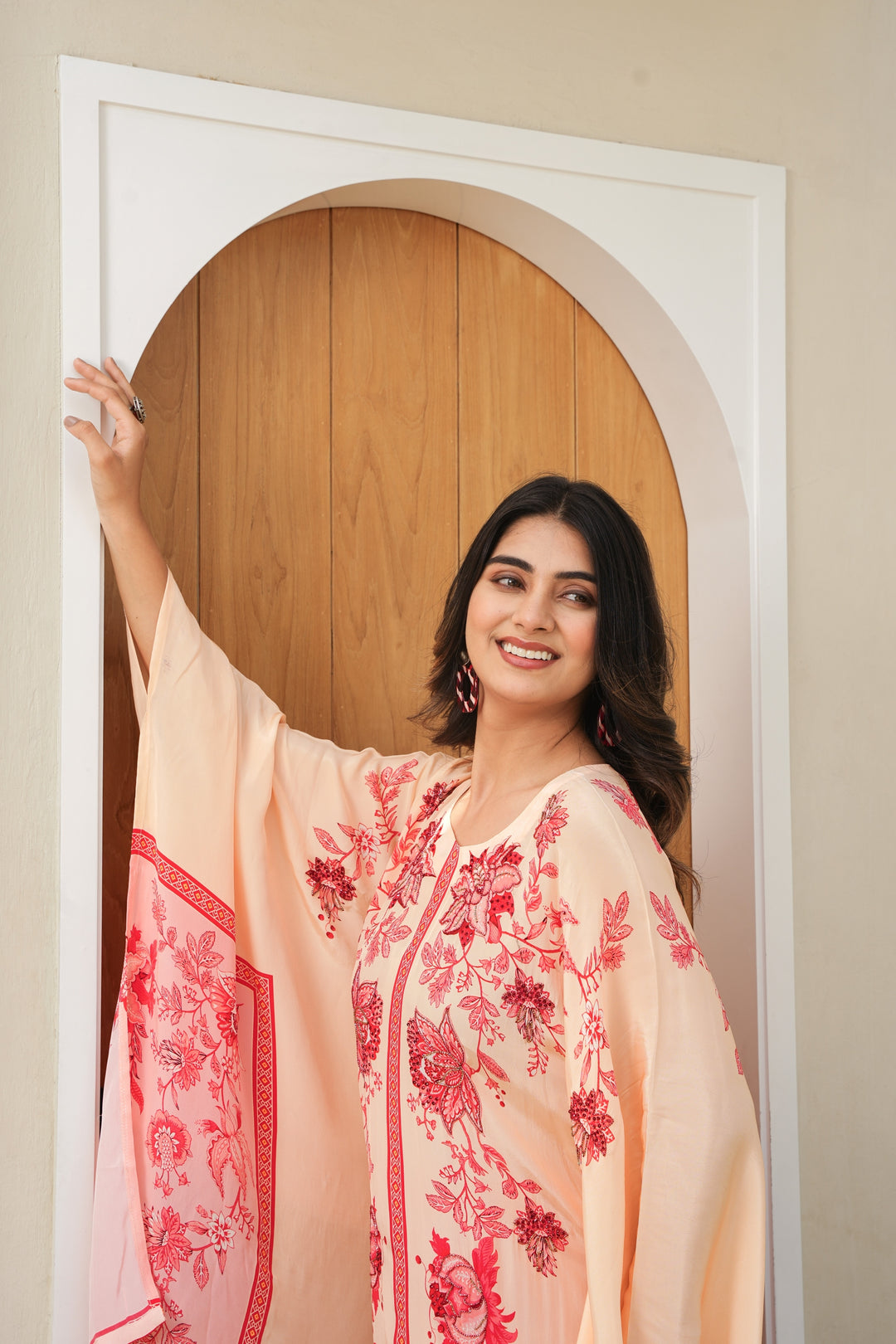 FLORAL PRINTED KAFTAN SET - HAND EMBROIDERED - PEACH