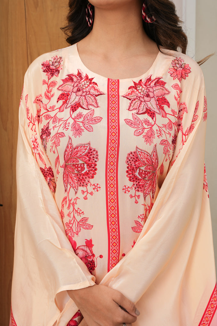 FLORAL PRINTED KAFTAN SET - HAND EMBROIDERED - PEACH