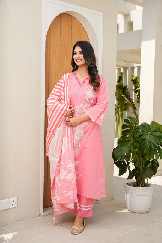 Cotton Printed Kurta Pant Dupatta Set for Women – Traditional Floral Design – Sizes 38–46 main image 1