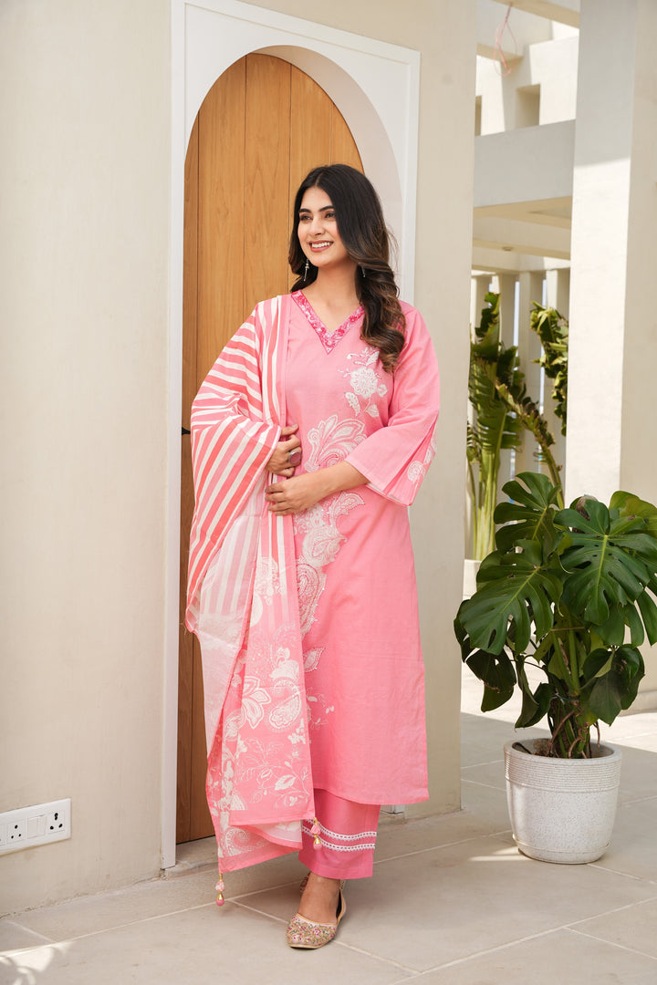 FLORAL PRINTED COTTON KURTA & PANT PAIRED WITH A DUPATTA - HAND EMBROIDERED - SET OF 3 - PINK