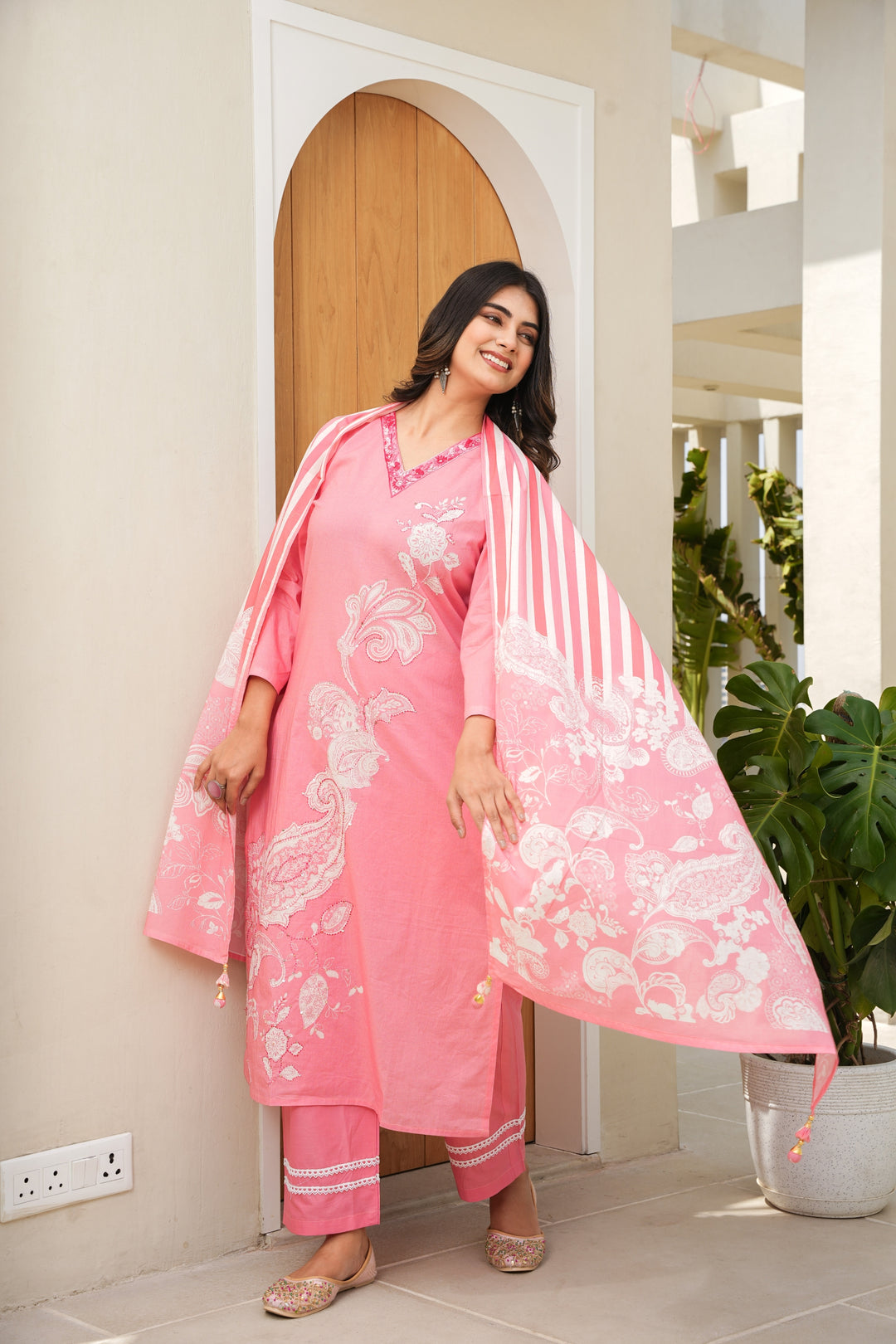 FLORAL PRINTED COTTON KURTA & PANT PAIRED WITH A DUPATTA - HAND EMBROIDERED - SET OF 3 - PINK