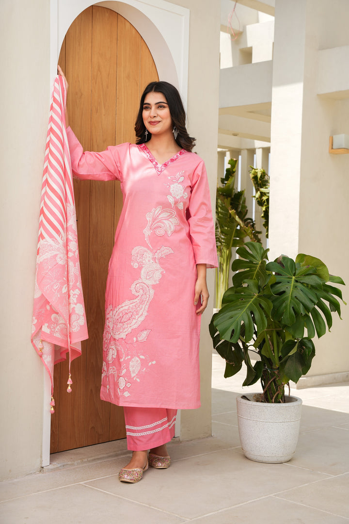 FLORAL PRINTED COTTON KURTA & PANT PAIRED WITH A DUPATTA - HAND EMBROIDERED - SET OF 3 - PINK