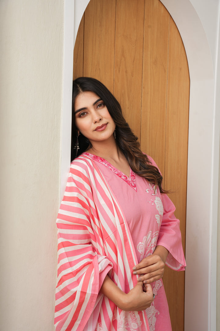 FLORAL PRINTED COTTON KURTA & PANT PAIRED WITH A DUPATTA - HAND EMBROIDERED - SET OF 3 - PINK