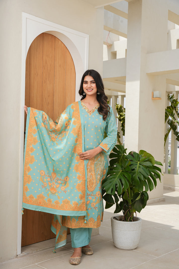 PRINTED COTTON KURTA & PANT PAIRED WITH A DUPATTA - HAND EMBROIDERED - SET OF 3 - GREEN