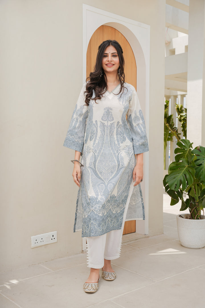 PRINTED COTTON KURTA & PANT - HAND EMBROIDERED - SET OF 2 - WHITE