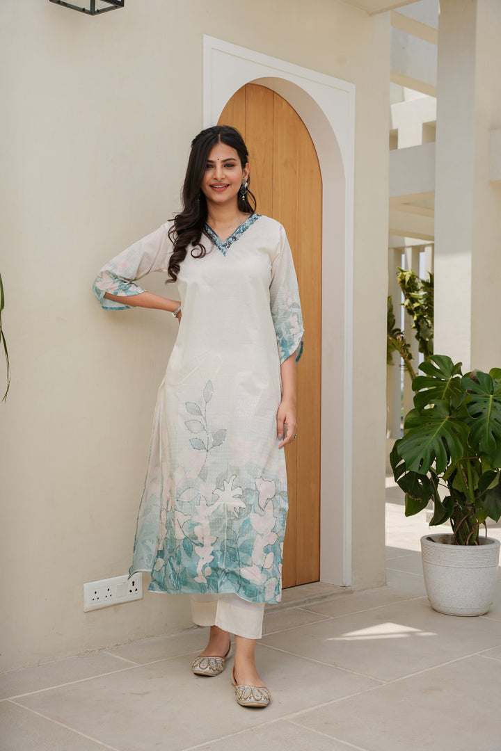 FLORAL PRINTED COTTON KURTA & PANT - HAND EMBROIDERED - SET OF 2 - OFF WHITE