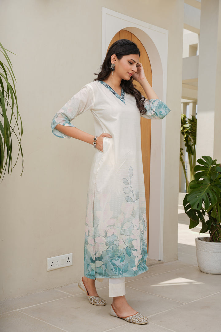 FLORAL PRINTED COTTON KURTA & PANT - HAND EMBROIDERED - SET OF 2 - OFF WHITE