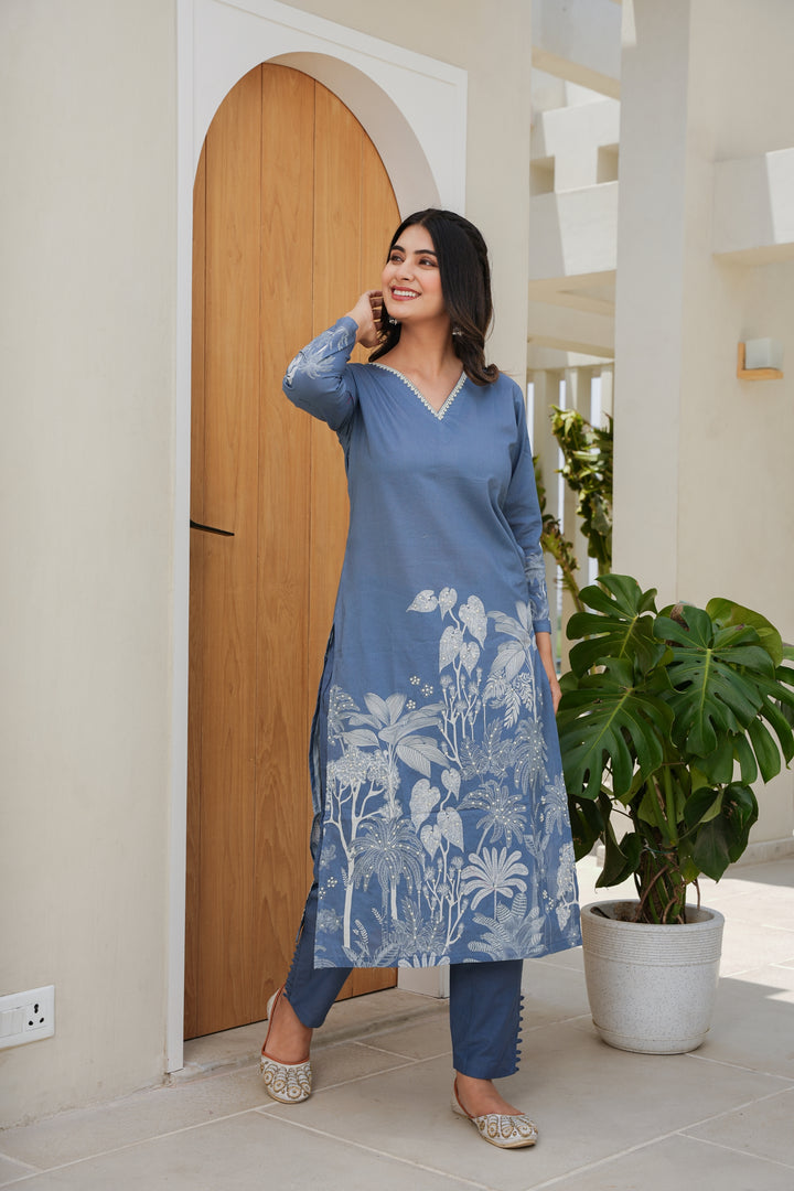 PRINTED COTTON KURTA & PANT - HAND EMBROIDERED - SET OF 2 - DENIM BLUE