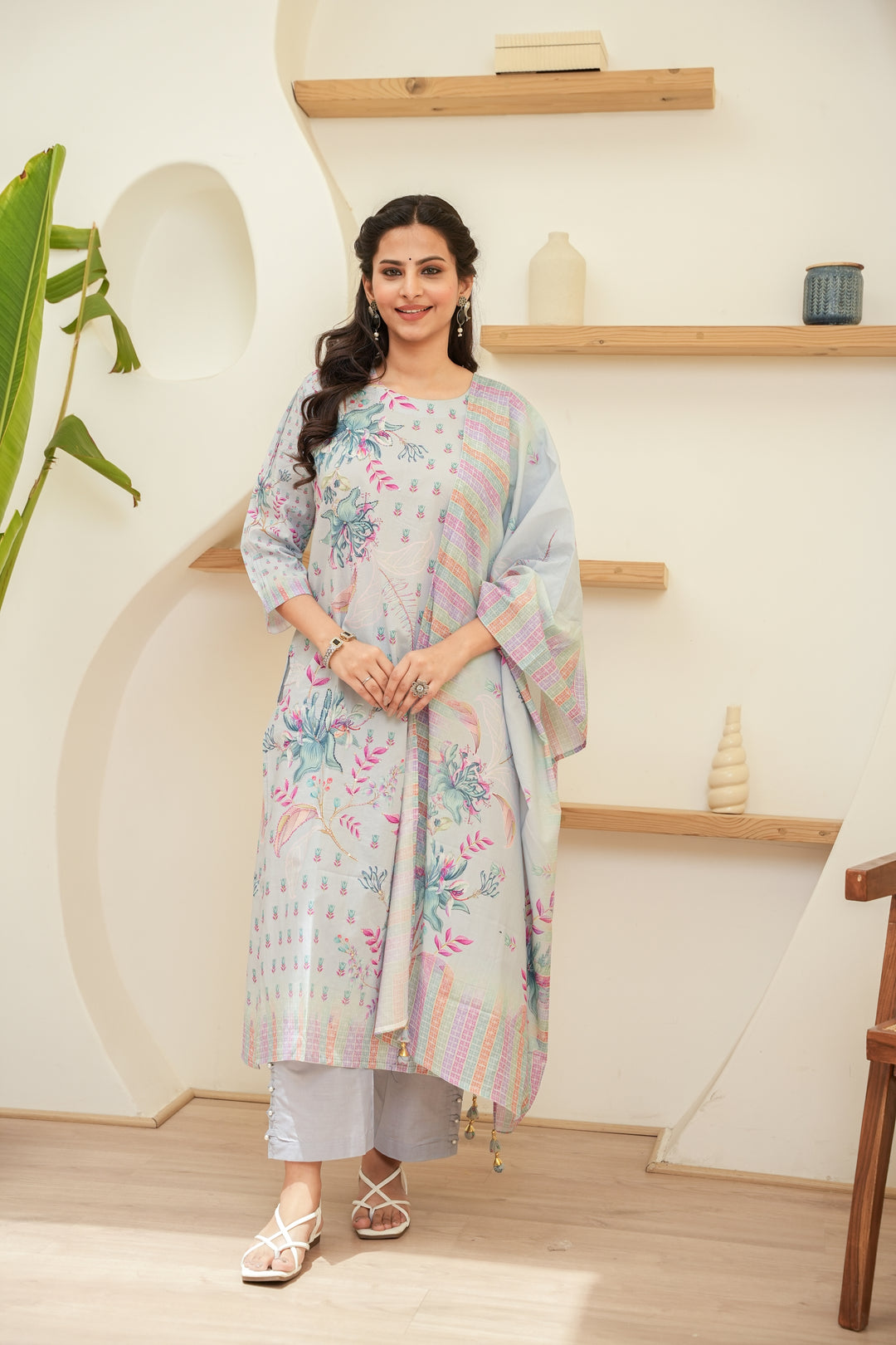 PRINTED COTTON KURTA & PANT PAIRED WITH A DUPATTA - HAND EMBROIDERED - SET OF 3 - SKY GREY