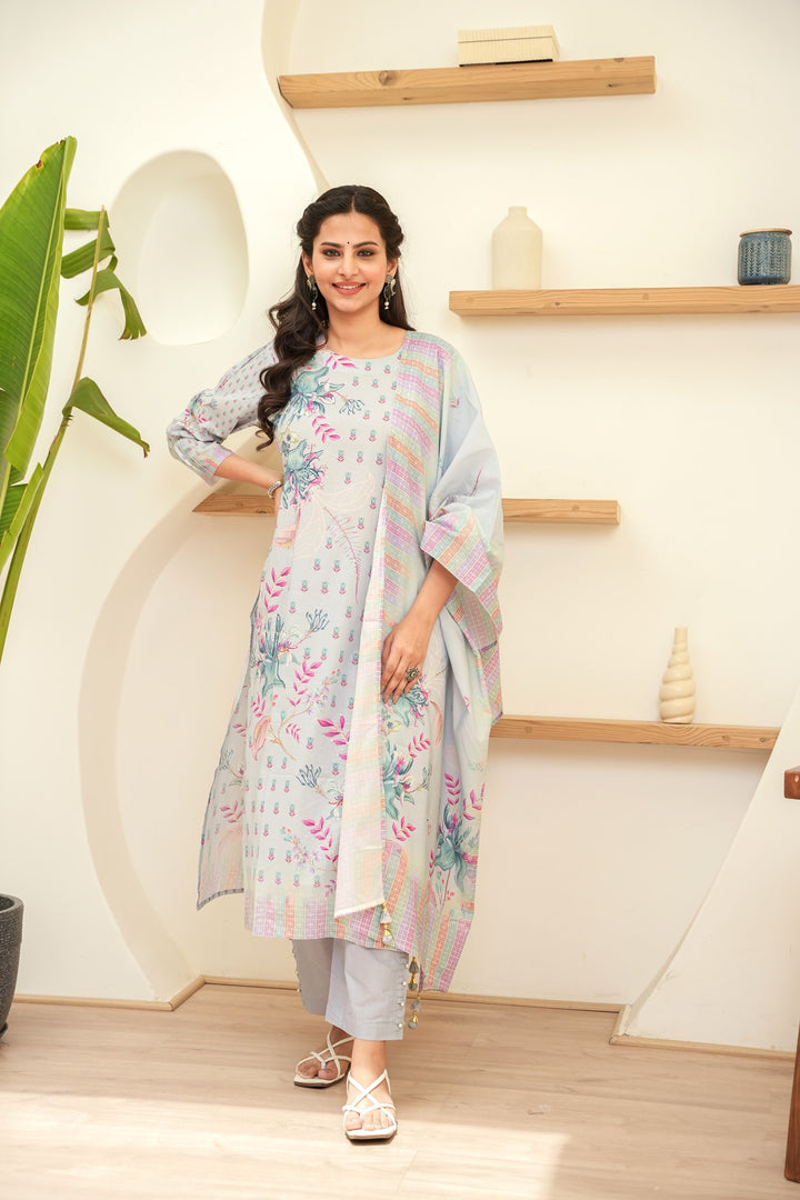 PRINTED COTTON KURTA & PANT PAIRED WITH A DUPATTA - HAND EMBROIDERED - SET OF 3 - SKY GREY