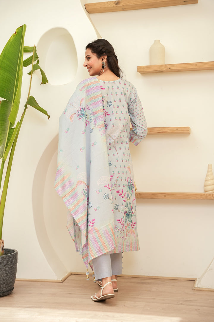 PRINTED COTTON KURTA & PANT PAIRED WITH A DUPATTA - HAND EMBROIDERED - SET OF 3 - SKY GREY