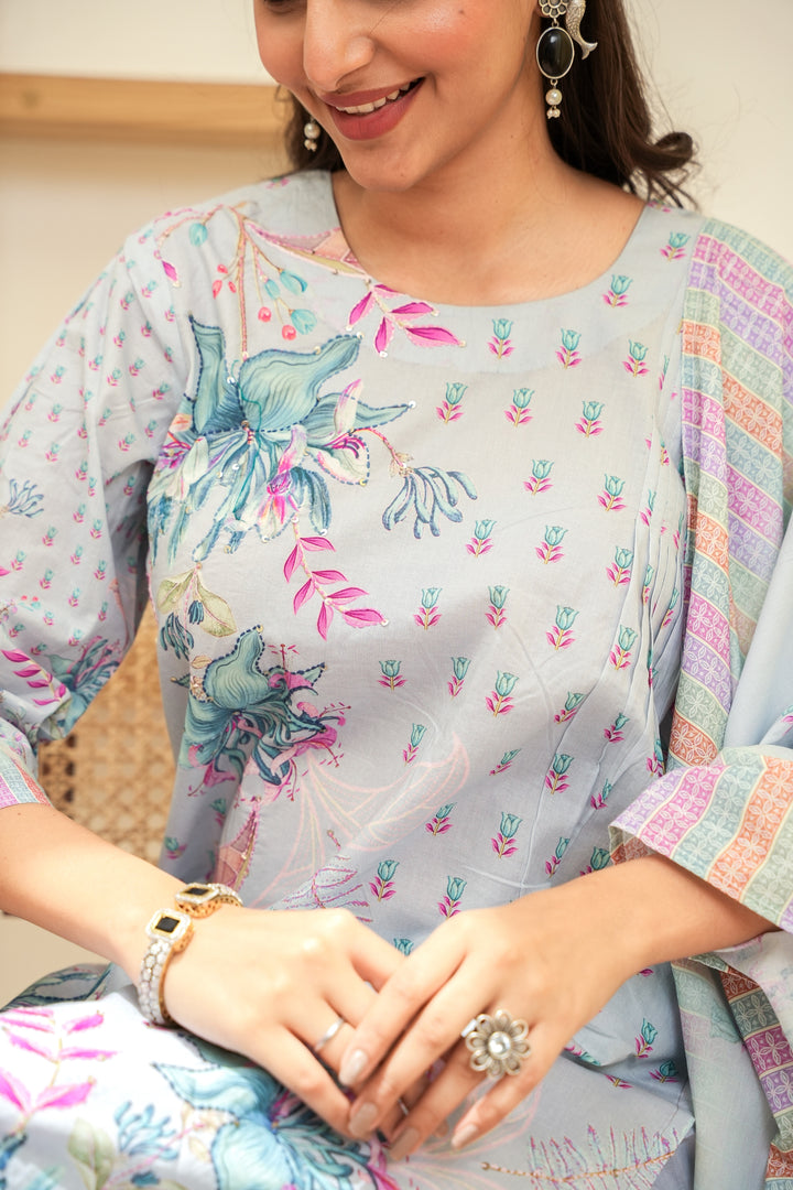 PRINTED COTTON KURTA & PANT PAIRED WITH A DUPATTA - HAND EMBROIDERED - SET OF 3 - SKY GREY