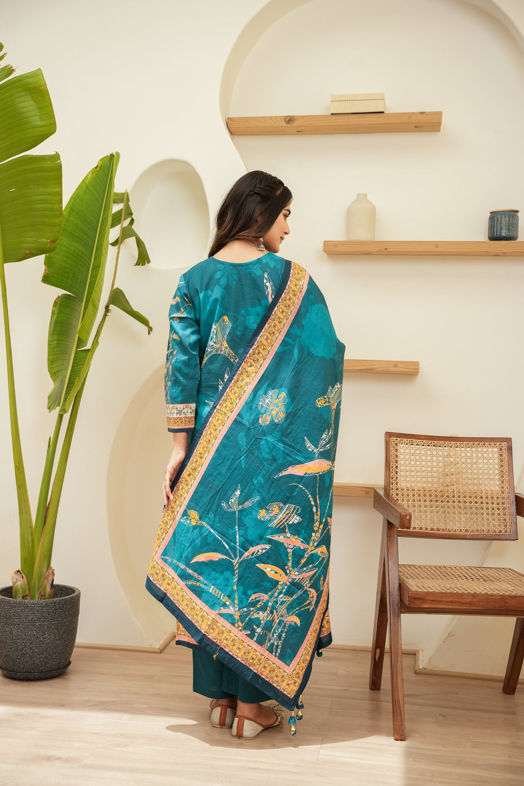 PRINTED COTTON KURTA & PANT PAIRED WITH A DUPATTA - HAND EMBROIDERED - SET OF 3 - SEA GREEN