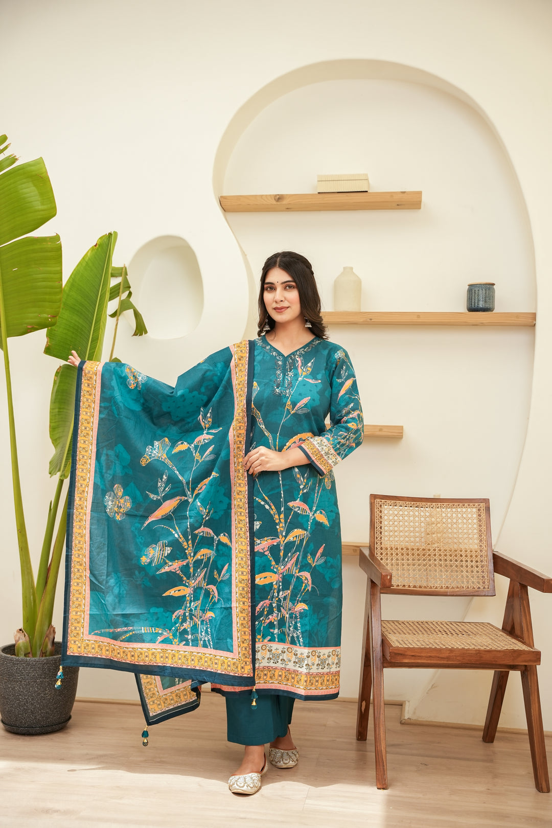 PRINTED COTTON KURTA & PANT PAIRED WITH A DUPATTA - HAND EMBROIDERED - SET OF 3 - SEA GREEN