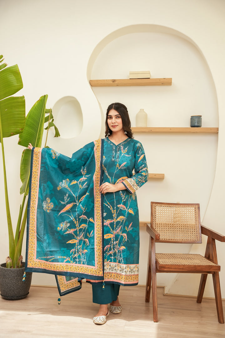 PRINTED COTTON KURTA & PANT PAIRED WITH A DUPATTA - HAND EMBROIDERED - SET OF 3 - SEA GREEN