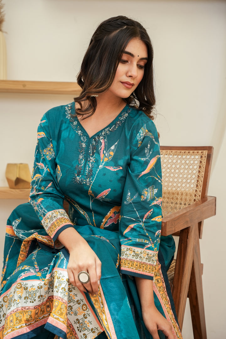 PRINTED COTTON KURTA & PANT PAIRED WITH A DUPATTA - HAND EMBROIDERED - SET OF 3 - SEA GREEN