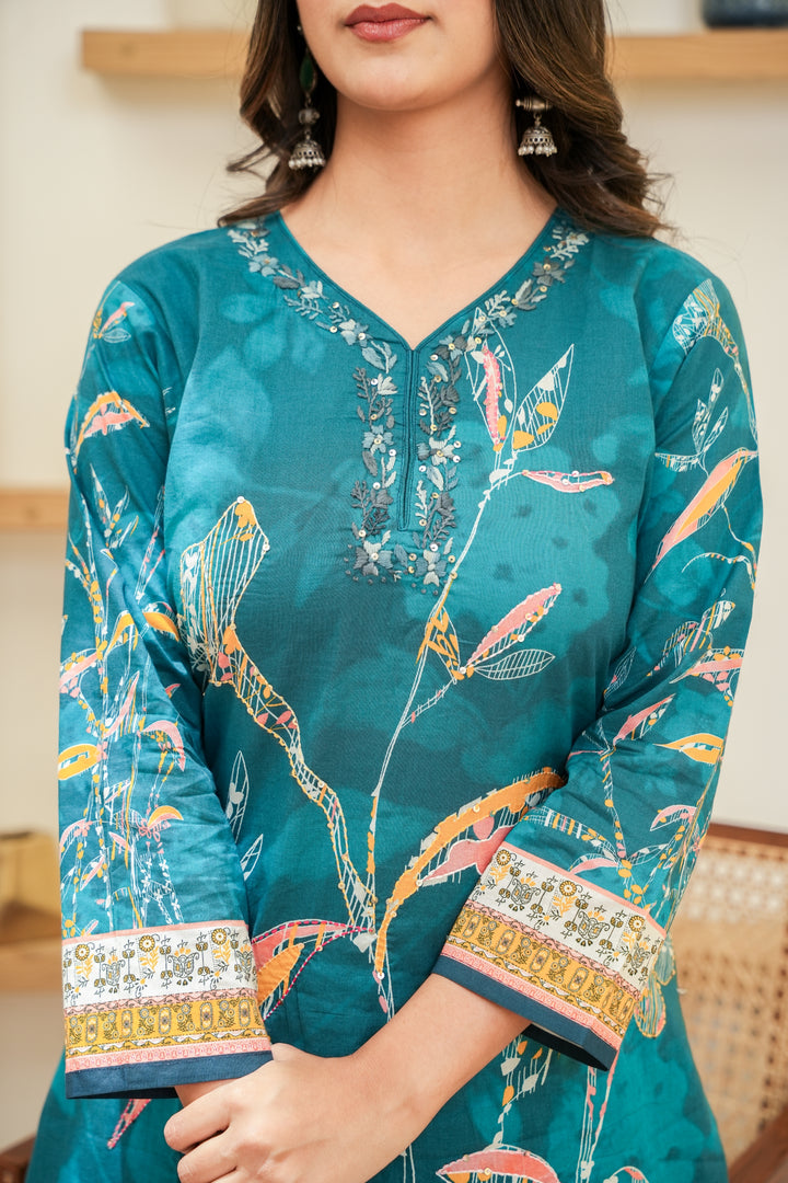 PRINTED COTTON KURTA & PANT PAIRED WITH A DUPATTA - HAND EMBROIDERED - SET OF 3 - SEA GREEN