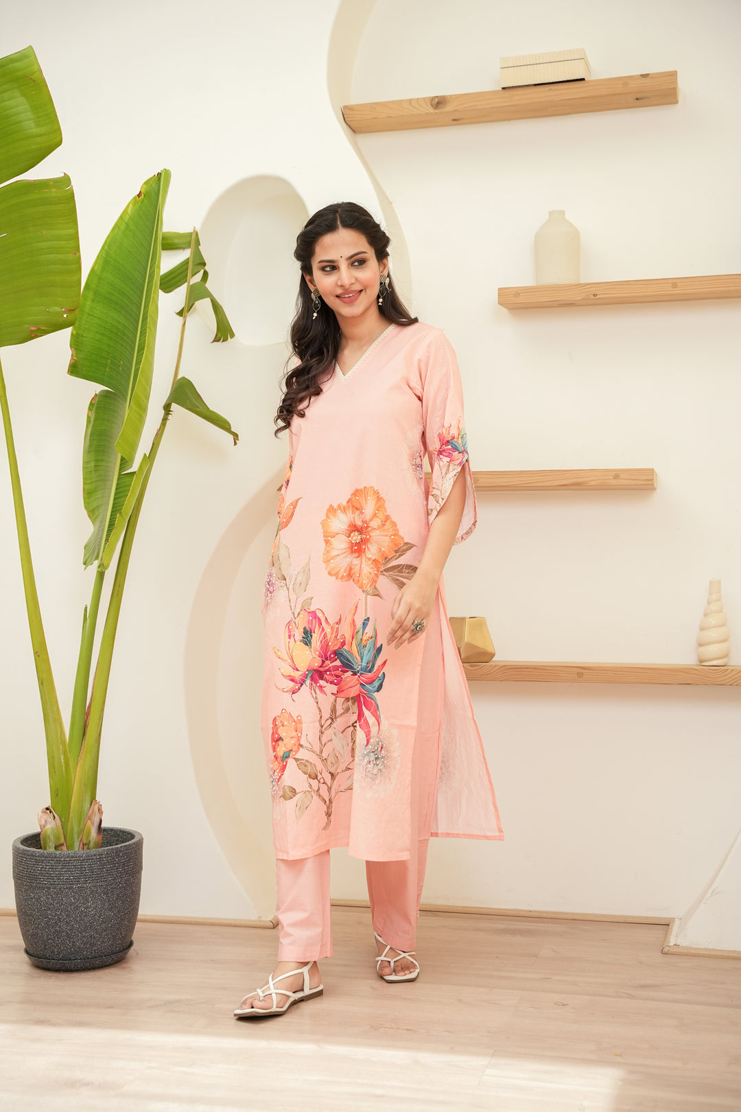 FLORAL PRINTED COTTON KURTA & PANT - HAND EMBROIDERED - SET OF 2 - PEACH