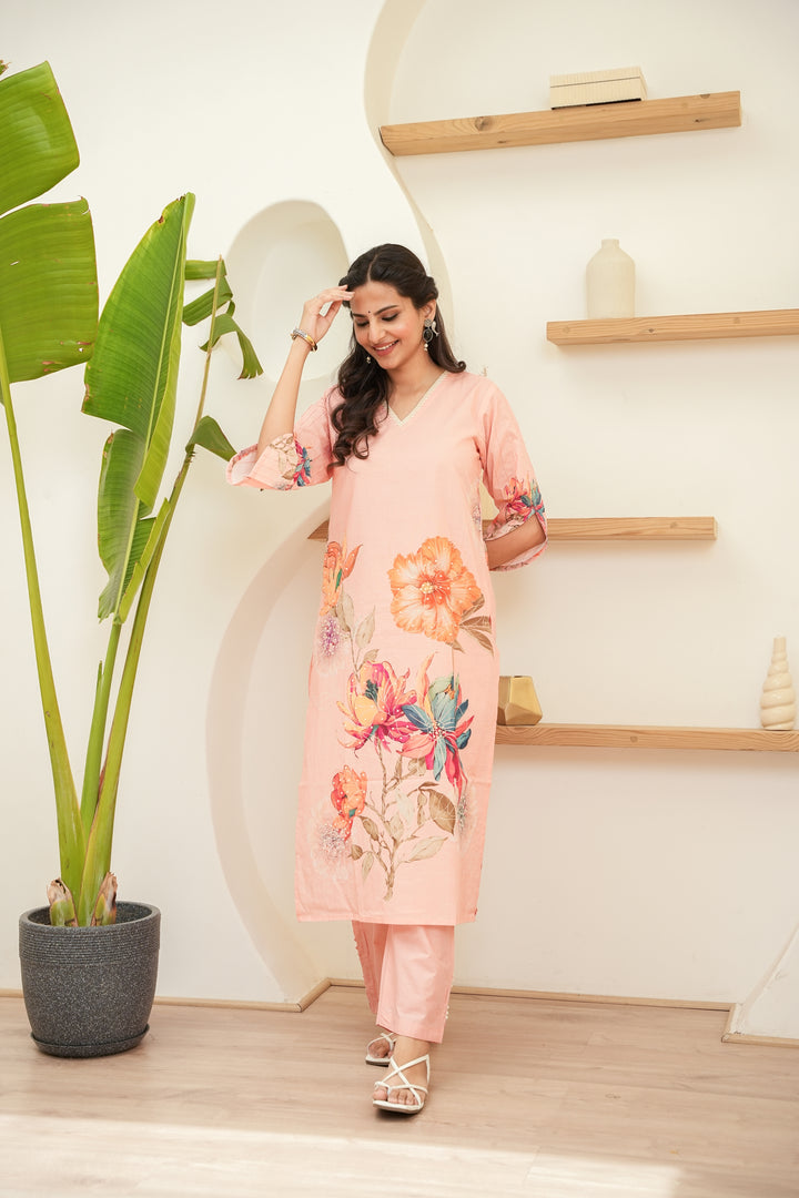 FLORAL PRINTED COTTON KURTA & PANT - HAND EMBROIDERED - SET OF 2 - PEACH