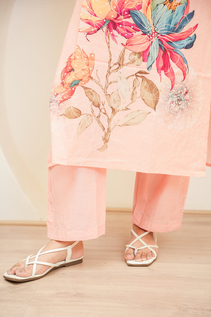 FLORAL PRINTED COTTON KURTA & PANT - HAND EMBROIDERED - SET OF 2 - PEACH