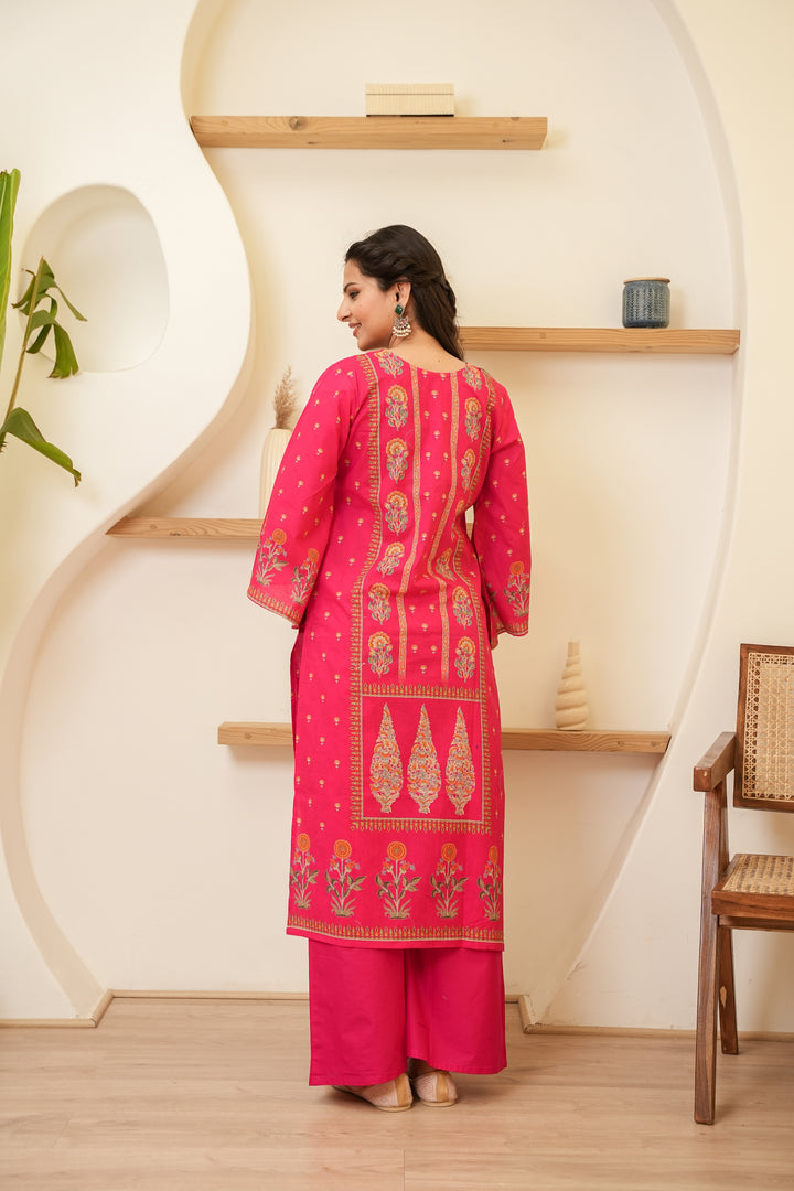 PRINTED COTTON KURTA & PANT PAIRED WITH A DUPATTA - HAND EMBROIDERED - SET OF 3 - RANI PINK