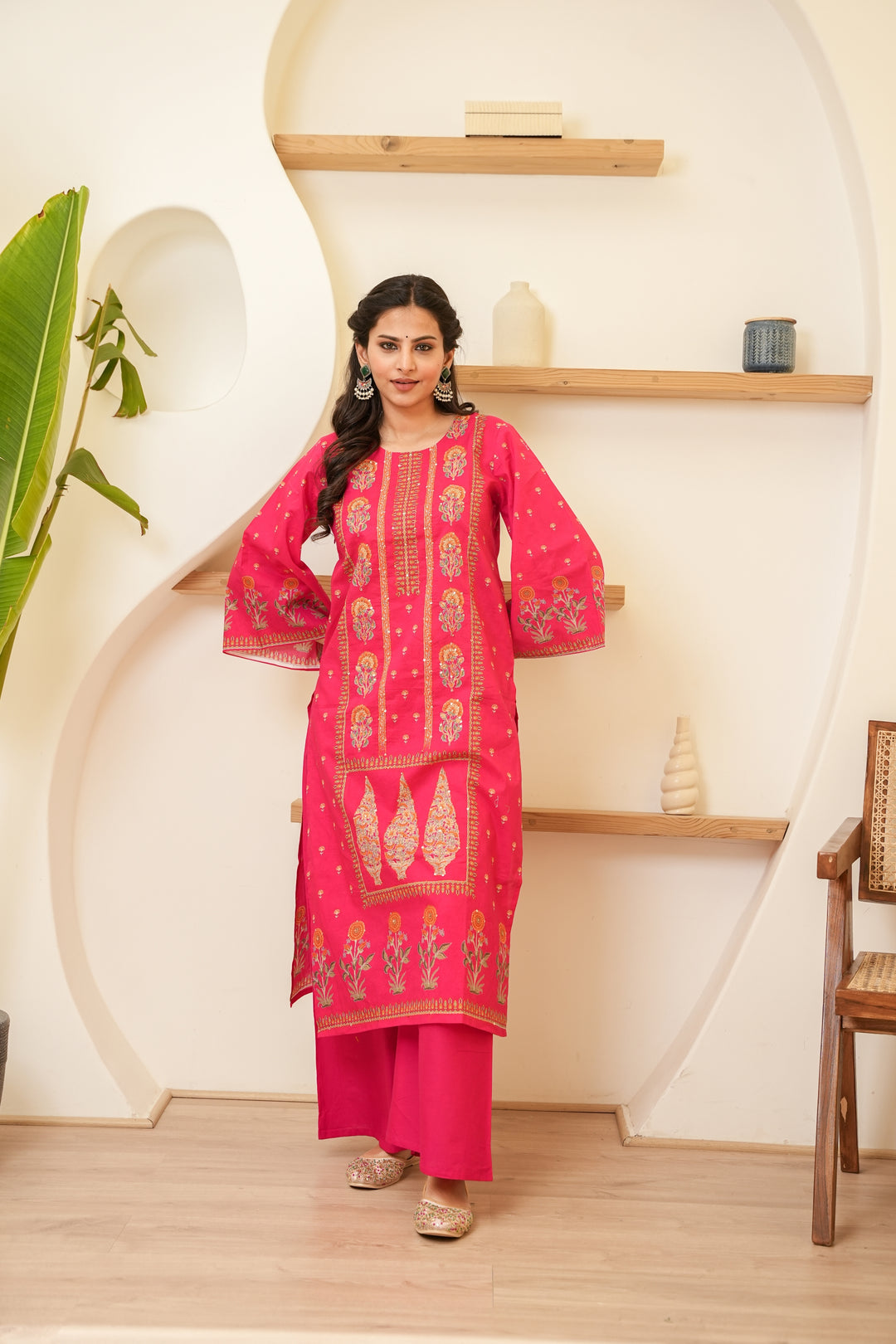 PRINTED COTTON KURTA & PANT PAIRED WITH A DUPATTA - HAND EMBROIDERED - SET OF 3 - RANI PINK