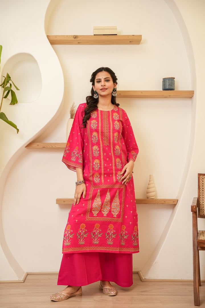 PRINTED COTTON KURTA & PANT PAIRED WITH A DUPATTA - HAND EMBROIDERED - SET OF 3 - RANI PINK